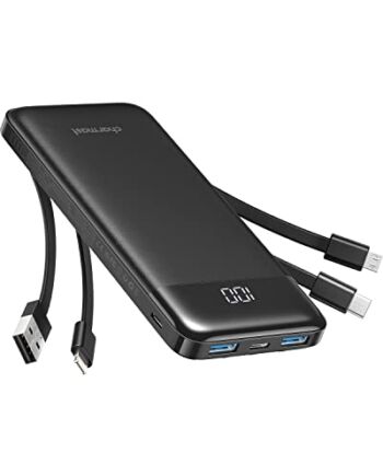 Charmast Powerbank 10 000 mAh, zewnętrzny akumulator USB C Power Bank z 4 wbudowanymi kablami do ładowania, przenośna ładowarka, wyświetlacz LED, kompaktowy Slim 6 wyjść, kompatybilny z iPhone, Huawei, Samsung Tablet