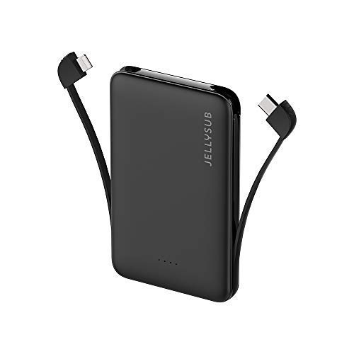 JELLYSUB Mini Power Bank z wbudowanymi kablami, zewnętrzna bateria 5000 mAh, przenośna ładowarka do iPhone'a, iPada i innych smartfonów
