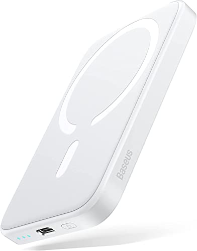 Baseus Magnetyczny bezprzewodowy powerbank, 6000 mAh, bezprzewodowy powerbank, Mag-Safe Battery Pack, zewnętrzny akumulator z PD 20 W USB-C,Mini Powerbank do iPhone 14/13/12, biały