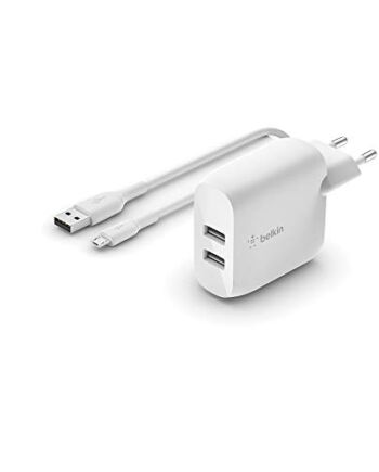 Belkin Boost Charge ładowarka sieciowa USB-A, 24 W, z dwoma portami i kablem USB-A/Micro-USB (do urządzeń takich jak smartfony, tablety, słuchawki bezprzewodowe, power banki i przenośne głośniki)