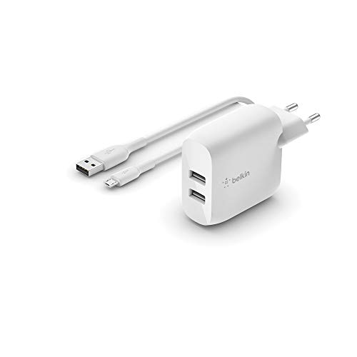 Belkin Boost Charge ładowarka sieciowa USB-A, 24 W, z dwoma portami i kablem USB-A/Micro-USB (do urządzeń takich jak smartfony, tablety, słuchawki bezprzewodowe, power banki i przenośne głośniki)