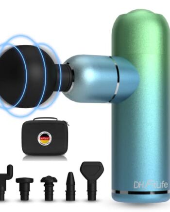 DH FitLife Mini pistolet do masażu Aurora 2.0, ręczny masażer do ramion i pleców, pistolet do masażu 21,6 Wh, 4 stopnie do 3200 obr./min, pistolet do masażu w zestawie 6 nakładek do masażu (zielono-niebieski)