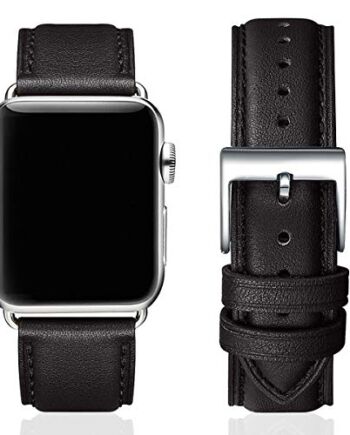 SUNFWR Skórzane paski do Apple Watch 45 mm, 44 mm, 42 mm, dla mężczyzn i kobiet, zamiennik paska z prawdziwej skóry do iWatch SE Series 7, 6, 5, 4, 3, 2, 1, Sport, Edition, 42 mm, 44 mm, 45 mm, czarny i srebrny