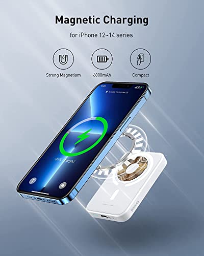 Baseus Magnetyczny bezprzewodowy powerbank, 6000 mAh, bezprzewodowy powerbank, Mag-Safe Battery Pack, zewnętrzny akumulator z PD 20 W USB-C,Mini Powerbank do iPhone 14/13/12, biały - obrazek 8