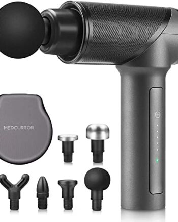 Medcursor Przenośny pistolet do masażu, głęboki masaż tkanek łagodzi ból, wibracje o dużej intensywności, zawiera 6 głowic do masażu, kolor szary