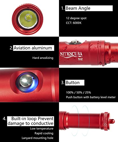 NiteScuba S12 latarka do nurkowania, 1200 lumenów, podwodna, 100 m, z XPH50 LED, na kemping, latarka taktyczna z akumulatorem i ładowarką Scuba zapasowe światło NiteScuba - obrazek 3