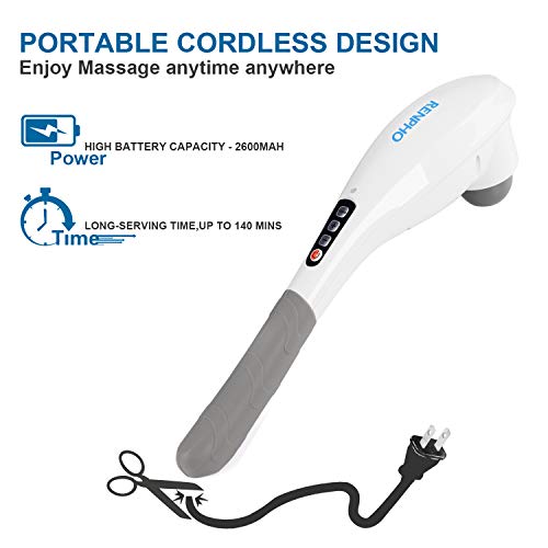 Masażer, RENPHO Ręczny Masażer do Głębokich Tkanek z Akumulatorem o Dużej Pojemności 2600mAh do Mięśni, Pleców, Stóp, Szyi, Ramion, Nóg, Lydek Uśmierzanie Bólu i Masaż Całego Ciała, Biały - obrazek 4