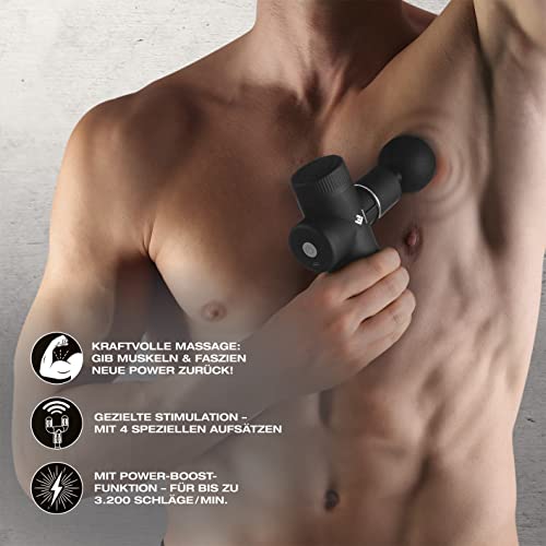 FitEngine Mini pistolet do masażu | 4 nasadki z 6 poziomami intensywności | pistolet do masażu karku, łydek, prostownicy pleców itp. do ukierunkowanego masażu mięśni | w zestawie walizka transportowa - obrazek 4