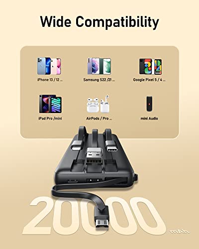 VEEKTOMX Power bank z wbudowanymi kablami 20000mAh Przenośna ładowarka z 5 wyjściami i wyświetlaczem LED Zewnętrzna akumulator Kompatybilna z iPhone pro/iPad/Samsung/Huawei/USB wentylatory (Czarny) - obrazek 3