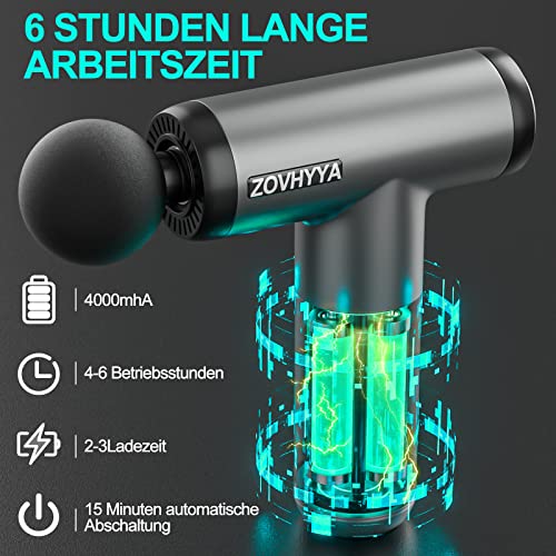ZOVHYYA Mini Pistolet do Masażu Masażer Mięśni 4000mAh 3200RPM 4 głowice Masujące 6 Prędkości Bezszczotkowy Niski Poziom Hałasu Profesjonalny Port ładowania USB C na Plecy Szyi - obrazek 8