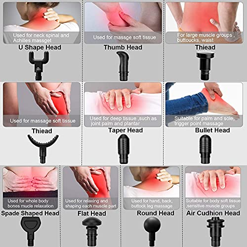 Pistolet do masażu, urządzenie do masażu dla sportowców, urządzenie do masażu mięśni, z 10 głowicami do masażu i 30 prędkościami do łagodzenia bólu karku, ramion, ciała, ekran dotykowy LCD - obrazek 7