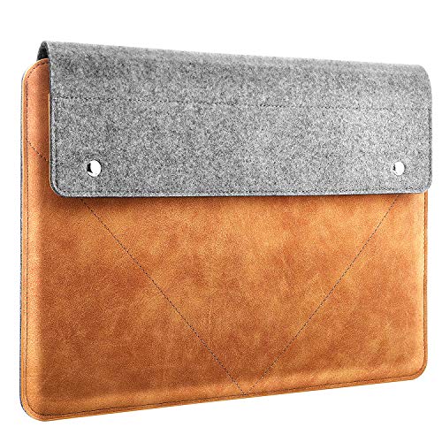 MoKo Laptop Sleeve Fits Macbook Pro M1 Pro/M1 Max 16.2 2021 MacBook Pro 16” /15.4", Surface Book 2 15", Surface Laptop 3 15", HP Chromebook 14, Felt and PU Leather Case Bag with Pocket, Gray&Brown