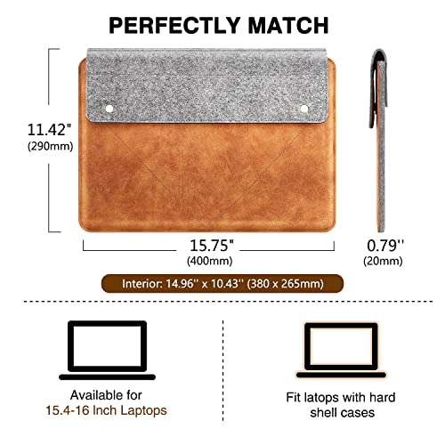MoKo Laptop Sleeve Fits Macbook Pro M1 Pro/M1 Max 16.2 2021 MacBook Pro 16” /15.4", Surface Book 2 15", Surface Laptop 3 15", HP Chromebook 14, Felt and PU Leather Case Bag with Pocket, Gray&Brown - obrazek 8