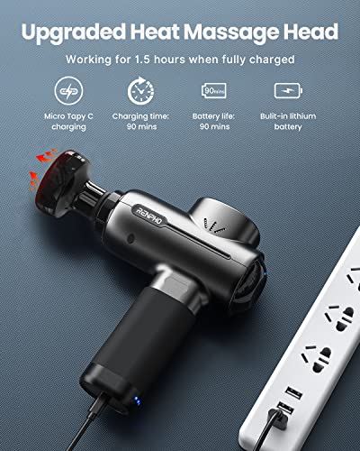 Pistolet do Masażu, RENPHO Massage Gun Głęboką Tkanką z Głowicą Masującą Ciepło, do 3200RPM do Masażu Mięśni z Ladowaniem Typu C, Akumulator 2500mAh do Regeneracji Mięśni, Czarny - obrazek 4