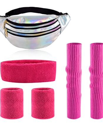 WDFCN Torebka damska z paskiem w stylu lat 80. 90., metaliczna z różowo-czerwonymi bransoletkami i opaską na czoło, zestaw do kostiumu 80-tych XX wieku, na karnawał, błyszczące srebro, różowo czerwony, jeden rozmiar