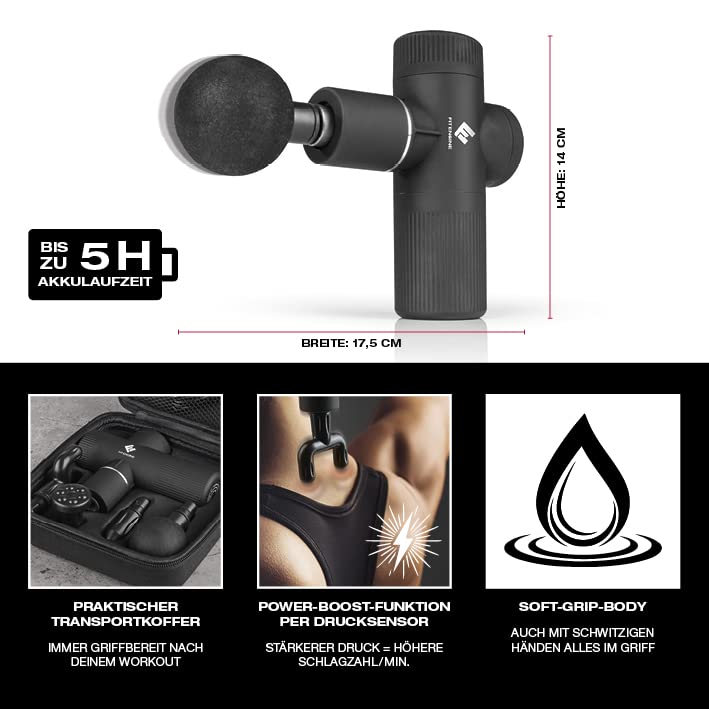 FitEngine Mini pistolet do masażu | 4 nasadki z 6 poziomami intensywności | pistolet do masażu karku, łydek, prostownicy pleców itp. do ukierunkowanego masażu mięśni | w zestawie walizka transportowa - obrazek 7