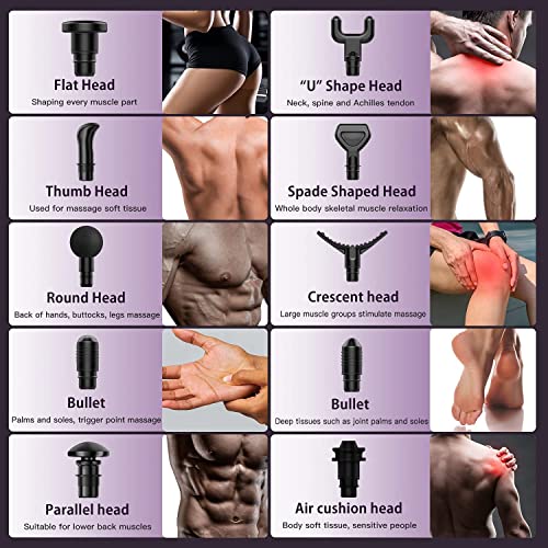 Pistolet do masażu głębokich tkanek, pistolet do masażu mięśni dla sportowców, 30 prędkości, 10 rodzajów głowic masujących, ręczny masażer do głębokich mięśni ciała do mięśni szyi pleców, fioletowy - obrazek 5