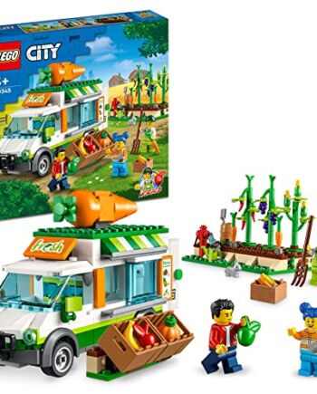 LEGO City Furgonetka na targu 60345 — zestaw konstrukcyjny; zabawny sklep warzywny na kółkach i trzy minifigurki dla dzieci od 5 lat (310 elementów)
