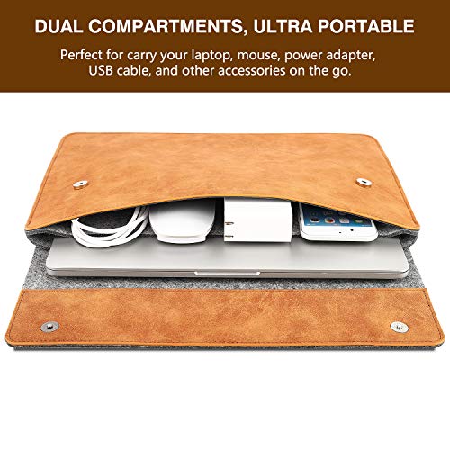 MoKo Laptop Sleeve Fits Macbook Pro M1 Pro/M1 Max 16.2 2021 MacBook Pro 16” /15.4", Surface Book 2 15", Surface Laptop 3 15", HP Chromebook 14, Felt and PU Leather Case Bag with Pocket, Gray&Brown - obrazek 6