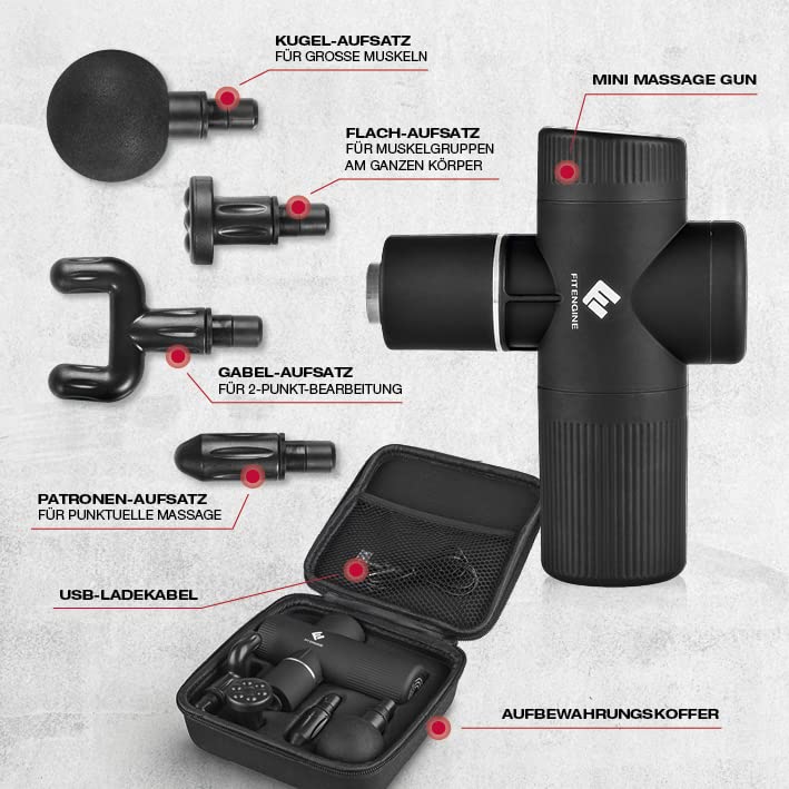 FitEngine Mini pistolet do masażu | 4 nasadki z 6 poziomami intensywności | pistolet do masażu karku, łydek, prostownicy pleców itp. do ukierunkowanego masażu mięśni | w zestawie walizka transportowa - obrazek 6