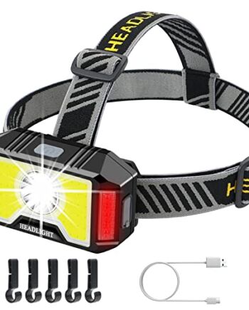Haotao Lampa czołowa LED, ładowana przez USB, z czerwonym światłem ostrzegawczym, super jasna, wodoszczelna lampa czołowa 350 lumenów, 5 trybów pracy, idealna do biegania, wędkowania, na kemping i do innych aktywności na świeżym powietrzu