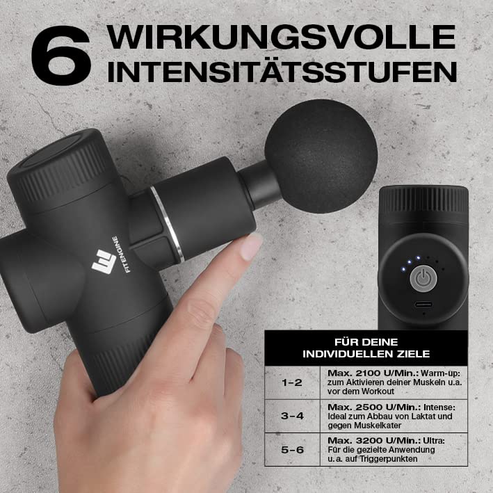 FitEngine Mini pistolet do masażu | 4 nasadki z 6 poziomami intensywności | pistolet do masażu karku, łydek, prostownicy pleców itp. do ukierunkowanego masażu mięśni | w zestawie walizka transportowa - obrazek 2