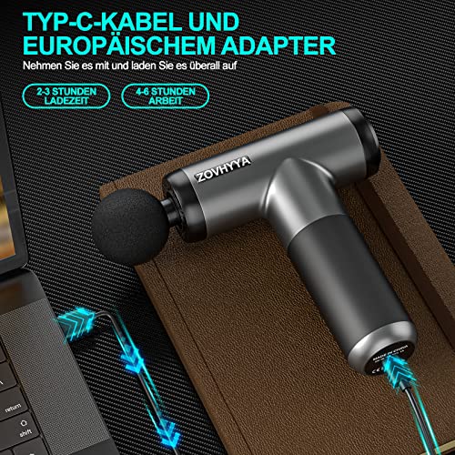 ZOVHYYA Mini Pistolet do Masażu Masażer Mięśni 4000mAh 3200RPM 4 głowice Masujące 6 Prędkości Bezszczotkowy Niski Poziom Hałasu Profesjonalny Port ładowania USB C na Plecy Szyi - obrazek 6