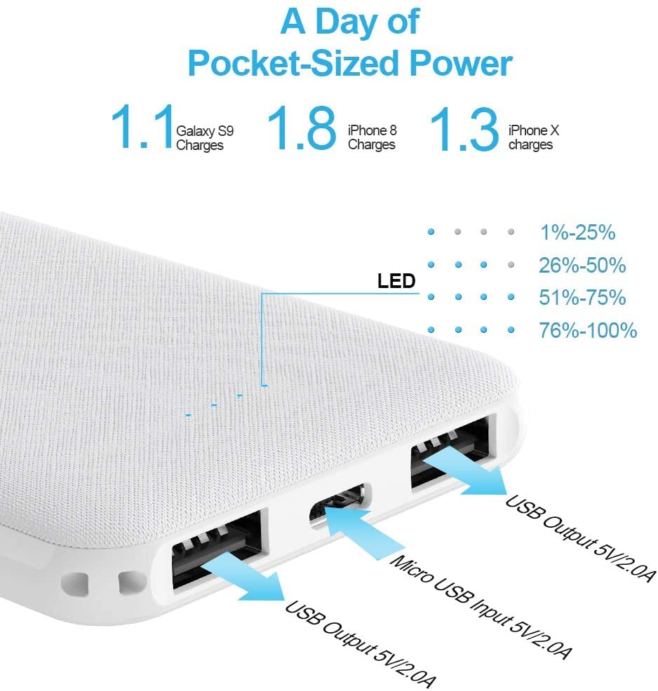 EVARY Powerbank 5000 mAh, mini przenośna bateria zewnętrzna, power bank do telefonu komórkowego z podwójnym wyjściem 4.0A, ładowarka Accupack Lekka bateria zewnętrzna do iPhone'a, Samsunga Galaxy, iPada, Huawei (biały) ... - obrazek 7