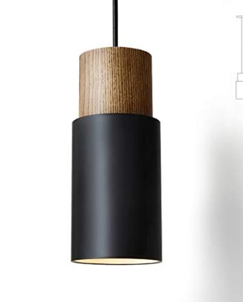 Lampa wisząca, czarna, 1-punktowa, cylindryczna, drewniana, aluminiowa