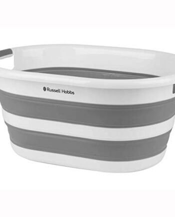 Russell Hobbs LA053879WHTEU owalny składany kosz na pranie, składany, 27 l, duży kosz na pranie, silikonowy, składany, zajmujący mało miejsca, biało-szary