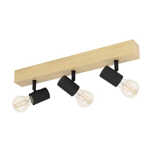 Lampa sufitowa EGLO TOWNSHEND 3, 3-ogniskowa lampa sufitowa vintage w stylu industrialnym, reflektor retro ze stali i drewna, kolor: czarny, brązowy, oprawka: E27