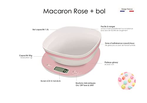TERRAILLON MACARON ROSE-BOL Balans kuchenny - Przycisk ON/OFF - TARE & UNIT - Wyświetlacz LCD - Pojemność BOL 1 - 5L - zasięg 5Kg - różowy - obrazek 4