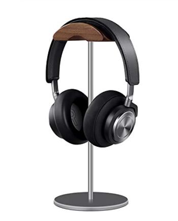 Stojak na słuchawki, uchwyt na słuchawki z drewna orzecha włoskiego i aluminium, naturalny orzech włoski uchwyt na słuchawki gamingowe z ciężką podstawą do słuchawek nausznych (szary)