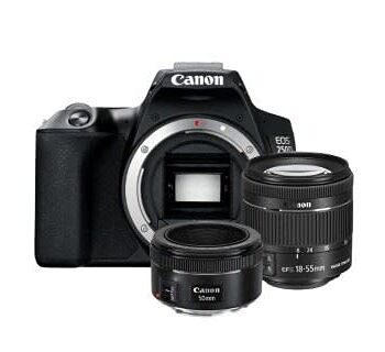 EOS 250D (24, 1 megapiksele, 7,7 cm (3") wyświetlacz zmiennokątny, czujnik APS-C, 4K, Full HD, DIGIC 8, WLAN, Bluetooth), czarny, w tym EF-S 18-55 mm f/4-5.6 IS STM, czarny, EF 50 mm f/1,8 STM