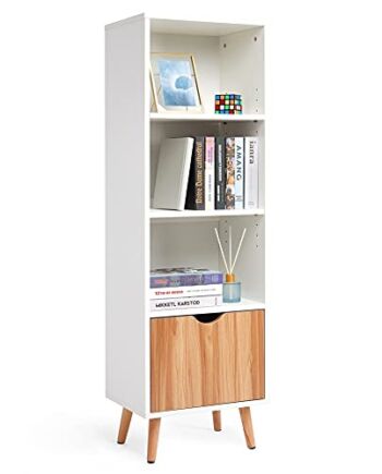 Meerveil Regał na książki, szafka na książki z 1 szufladą i 3 otwartymi półkami z drewna, styl skandynawski, do salonu, sypialni, gabinetu, 40 x 30 x 129 cm, biały i dąb