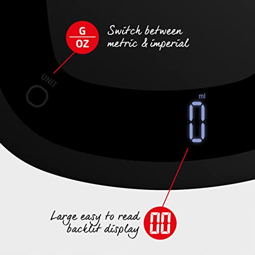 Salter 1062 BKDR Wodoszczelna (IPX7) elektroniczna waga kuchenna, czyszczenie w misce do mycia, duży wyświetlacz z podświetleniem, tarowanie, smukła kompaktowa konstrukcja, zakres do 5 kg, czarna - obrazek 9