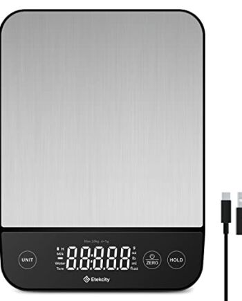 Etekcity Cyfrowa waga kuchenna 10 kg, wodoodporna, ładowalna przez USB waga spożywcza z wyświetlaczem LED, funkcja trzymania i tarowania do gotowania, odchudzania, stal nierdzewna