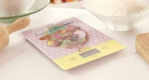 Bestron cyfrowa waga kuchenna z wyświetlaczem LCD, styl retro, Sweet Dreams, udźwig 5 kg, precyzja na 1 g, szkło, różowa - obrazek 4