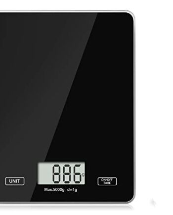 Meromore Cyfrowa waga kuchenna z platformą ze szkła hartowanego, elektroniczna waga kuchenna do domu i kuchni, 5 kg (czarna)