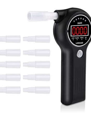 LAMJAD Alkomat, alkomat z 10 ustnikami, światłem alarmowym i wyświetlaczem LED, przenośny alkomat do użytku osobistego i profesjonalnego