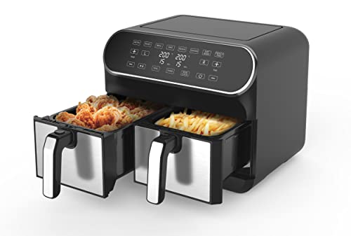 JUST PERFECTO Frytkownica na gorące powietrze 8 w 1, XXL, 8 l, 1700 W, szara, stal nierdzewna, z książką z przepisami, funkcją timera i cyfrowym ekranem dotykowym, nadaje się do mycia w zmywarce, Airfryer, frytkownica na gorące powietrze, frytkownica, Air Fryer