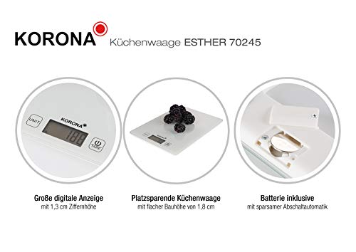 Korona 70245 Esther biała – cyfrowa waga kuchenna, elektroniczna, tara, udźwig 5 kg, podziałka 1 g, automatyczne wyłączanie, wskaźnik przeciążenia - obrazek 3