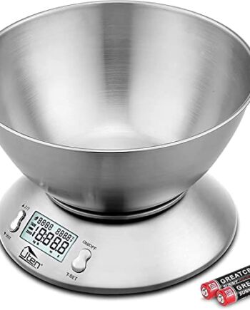 Uten Waga kuchenna, profesjonalna, elektroniczna, waga kuchenna, 5 kg x 1 g, ze stali nierdzewnej 304, funkcja tarowania z wyświetlaczem LCD, miska i timerem