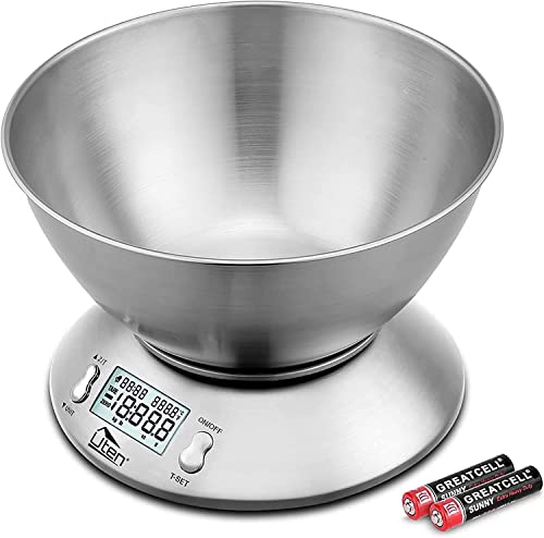 Uten Waga kuchenna, profesjonalna, elektroniczna, waga kuchenna, 5 kg x 1 g, ze stali nierdzewnej 304, funkcja tarowania z wyświetlaczem LCD, miska i timerem