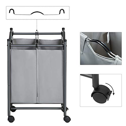 SONGMICS Sortownik prania z rolkami i 2 przegródkami, kosz na pranie, kosz na pranie, wózek na pranie ze zdejmowanymi kieszeniami, pojemność całkowita 90 l, szary, LSF002GS - obrazek 4
