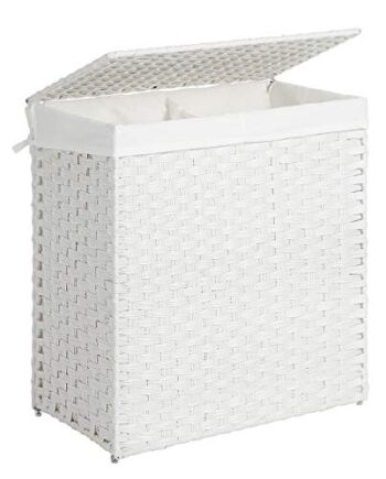 SONGMICS Kosz na pranie ręcznie pleciony, kosz na pranie z syntetycznego rattanu, z pokrywą i uchwytami, do sortowania prania, składany, wyjmowany worek na pranie, kolor biały, 110 l, LCB52WT