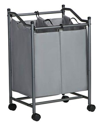 SONGMICS Sortownik prania z rolkami i 2 przegródkami, kosz na pranie, kosz na pranie, wózek na pranie ze zdejmowanymi kieszeniami, pojemność całkowita 90 l, szary, LSF002GS