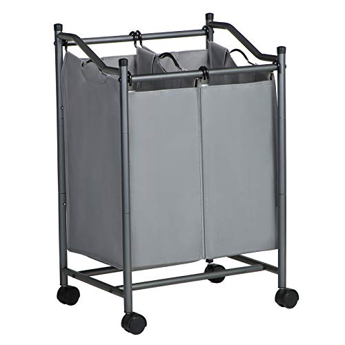 SONGMICS Sortownik prania z rolkami i 2 przegródkami, kosz na pranie, kosz na pranie, wózek na pranie ze zdejmowanymi kieszeniami, pojemność całkowita 90 l, szary, LSF002GS