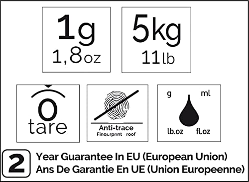 Terraillon 14505 waga kuchenna, funkcja „tara”, wskaźnik cieczy, wycięcie na uchwycie, do 5 kg, macaron, stal nierdzewna, lukrecja, czarna - obrazek 2