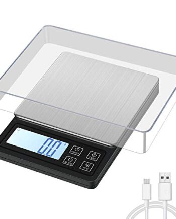 MOSUO Cyfrowa waga kieszonkowa z ładowaniem przez USB, waga kuchenna 3000 g/0,1 g, waga kuchenna z tacą, waga spożywcza ze stali nierdzewnej z podświetleniem wyświetlacza LCD, funkcja tary i szt